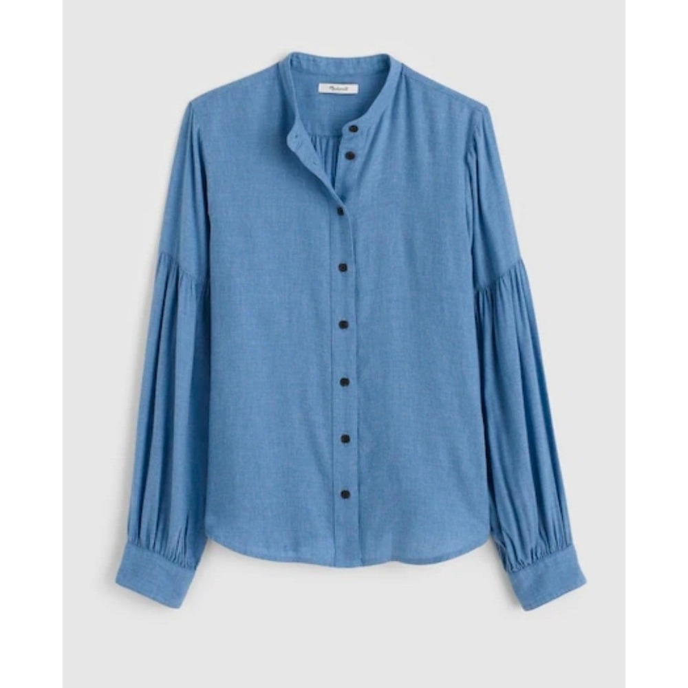 Madewell Button Down Flannel Puff Sleeve Band Collar Shirt Blue Medium Women